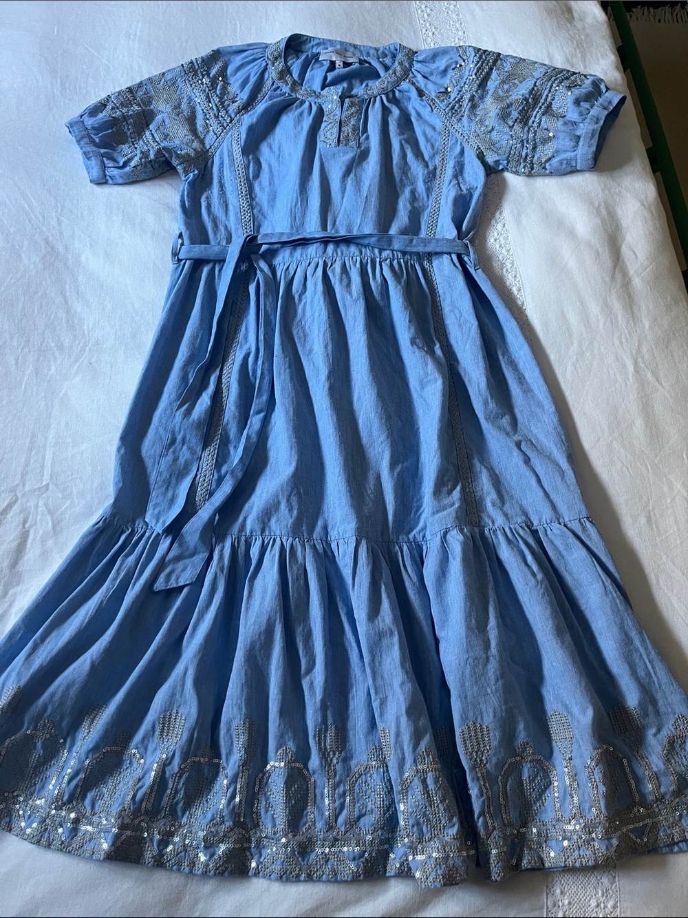 Rose & Rose Blue Cotton Belted Dress with Silver Sequin Embroidery, Size Medium